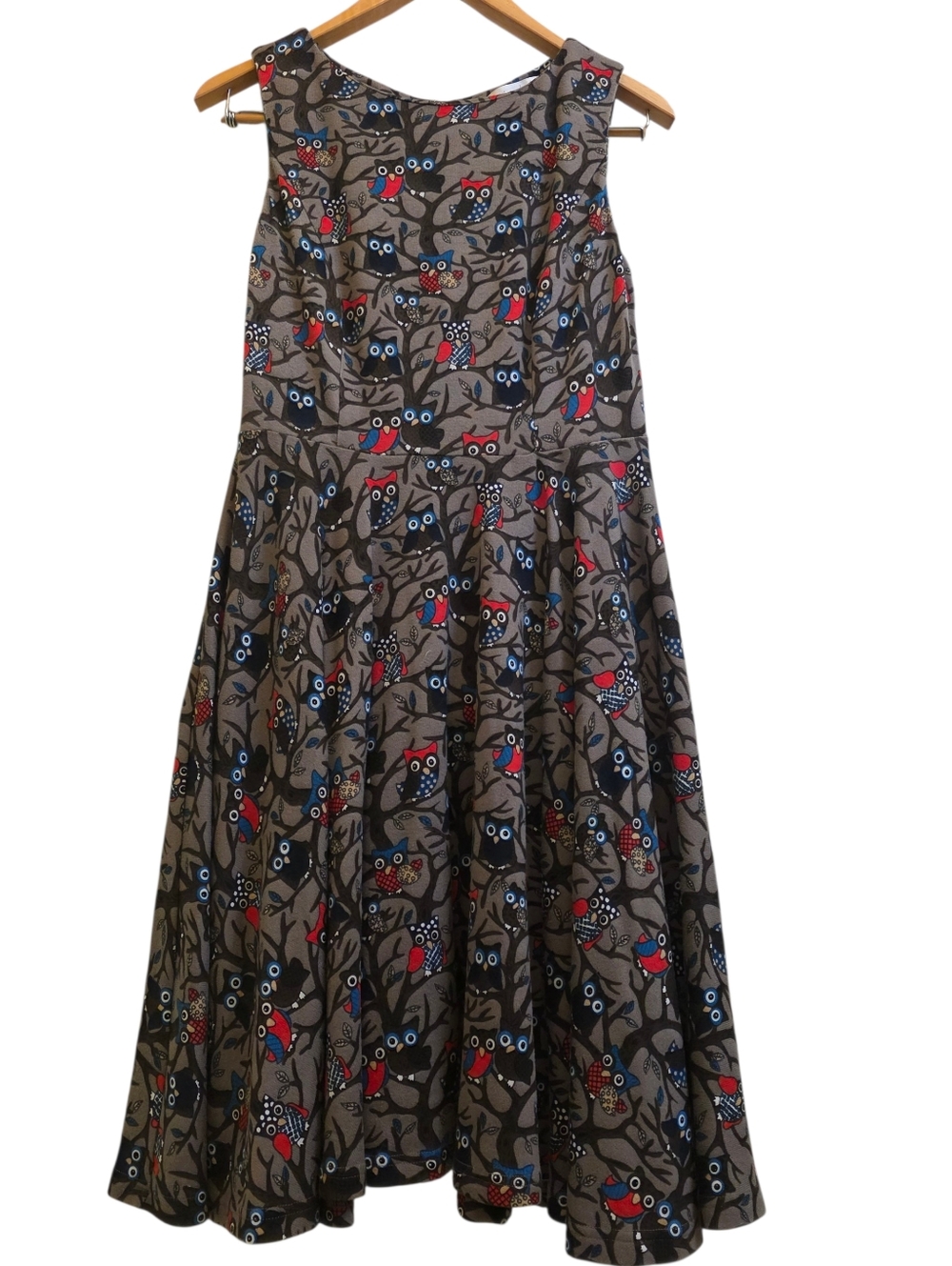 Miss Lulo Gray Sleeveless Fit & Flare Owl Print Midi Swing Dress Size L EUC